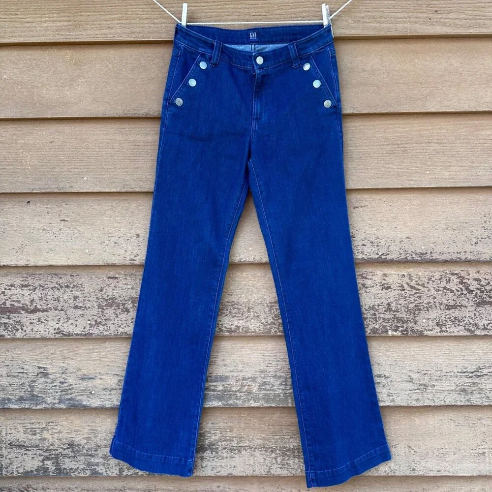 GAP Womens Wide-Leg Dark Indigo Denim Pants Size 27 High-Rise Button Detail Cott - Picture 1 of 13